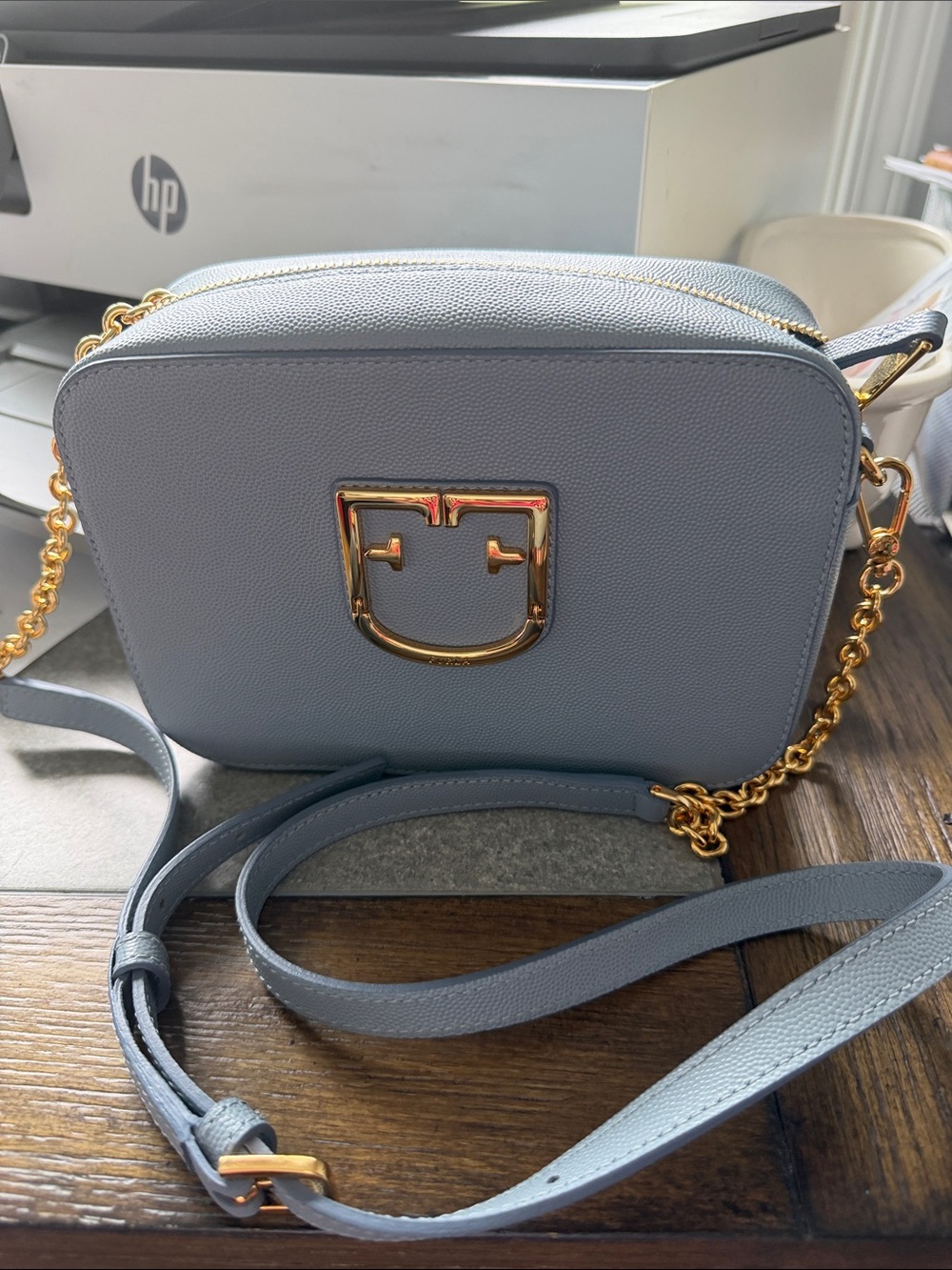 Furla Powder Blue Leather Crossbody with Gold Hardware